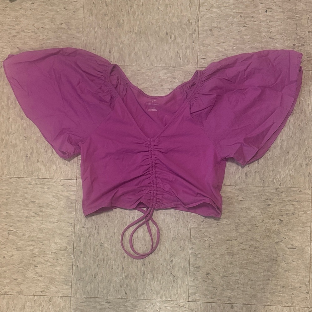 Women's Ruched Puff-Sleeve Crop Top - Purple by Anthropologie